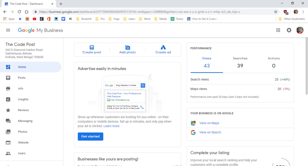 Default Google My Business Control Panel