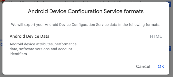 android device configuration service formats -for google takeout