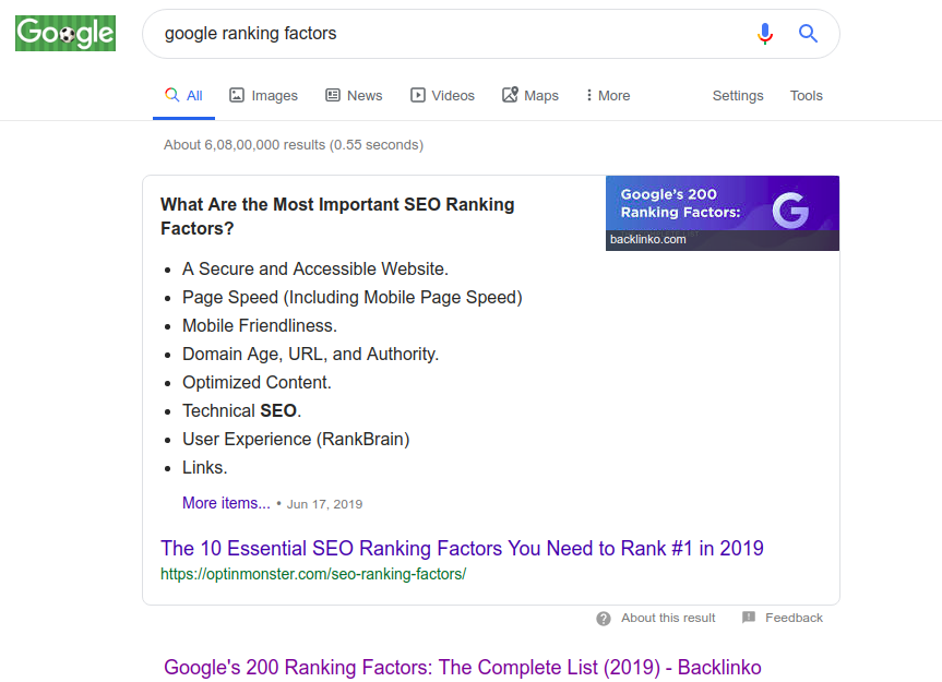 google search results ranking factors