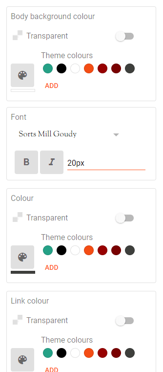 update specific fonts and colors in each sections in blogger theme