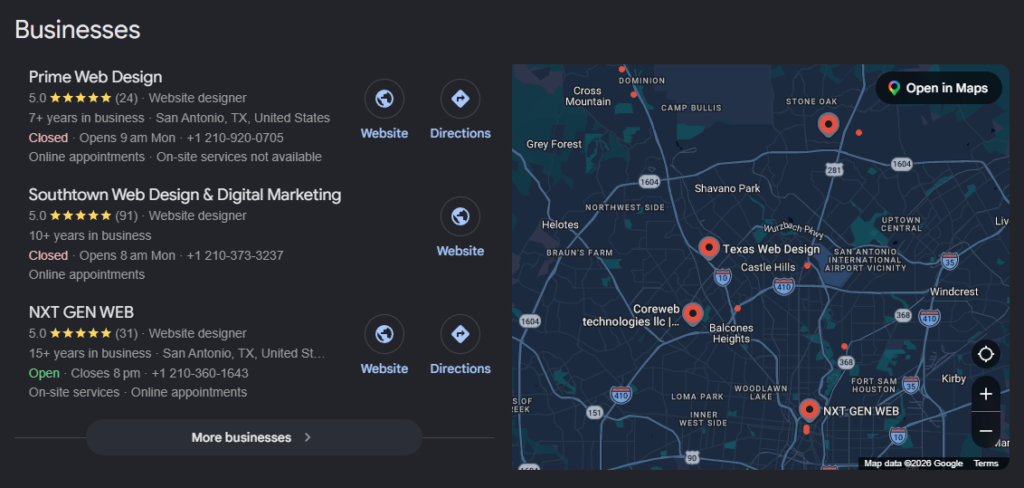 google search result for businesses 