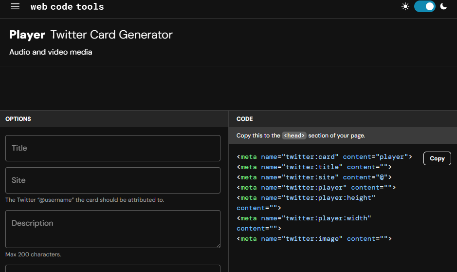 X/Twitter Card example - choose player for sharing media, otherwise go for the Summary card - https://webcode.tools/open-graph-generator