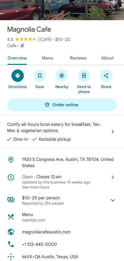 an example of a business well highlighted in google business results